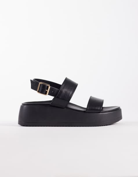 New Look Wide Fit - Sandali flatform in pelle sintetica neri a pianta larga - view 1