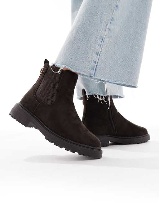 New Look Wide Fit Stivaletti Chelsea marroni in camoscio