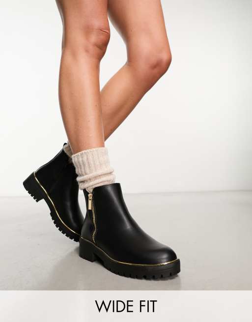 New Look Wide Fit - Stivaletti Chelsea neri a pianta larga con dettagli in metallo e suola spessa