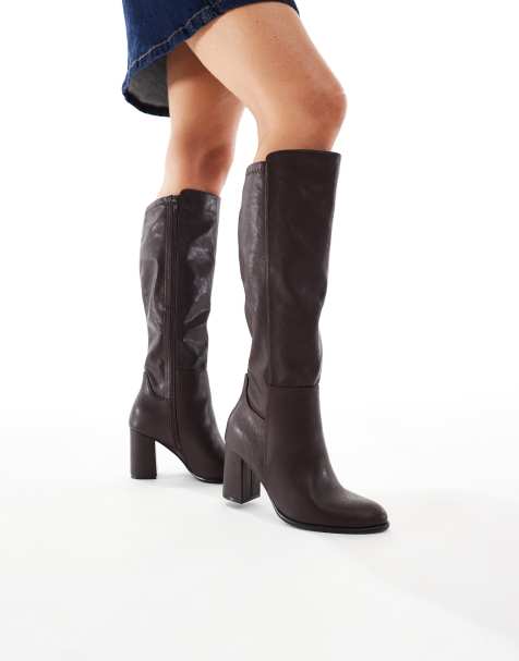 New Look Wide Fit - Stivali al ginocchio bordeaux con tacco a pianta larga - view 1