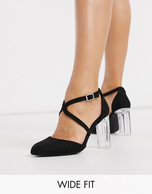 New Look Wide Fit strappy clear heeled sandals in black