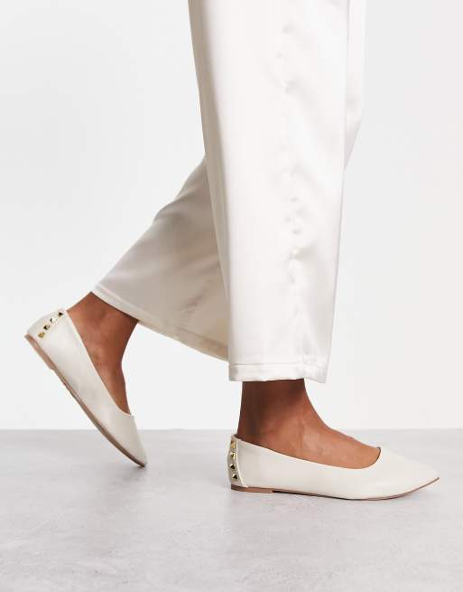 New Look Wide Fit studded pointed flat ballet shoe in off white