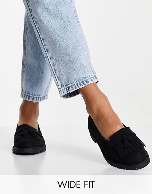  Flat Shoes/New Look Wide Fit sudette chunky loafer in black 