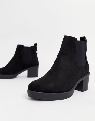 wide fit black suedette block heel chunky boots