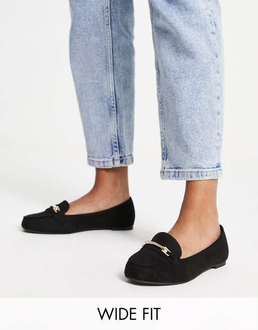 New Look Wide Fit suedette embellished loafers in black