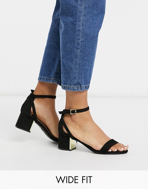 New Look Wide Fit suedette low block metal heeled sandals in black