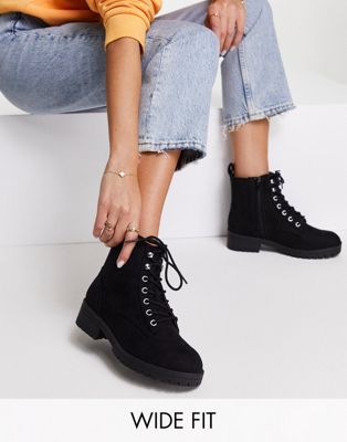 New Look Wide Fit suedette metal trim lace up flat boot in black