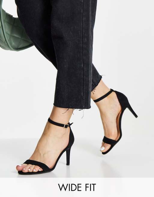 New Look Wide Fit suedette mid stiletto heeled sandals in black | ASOS