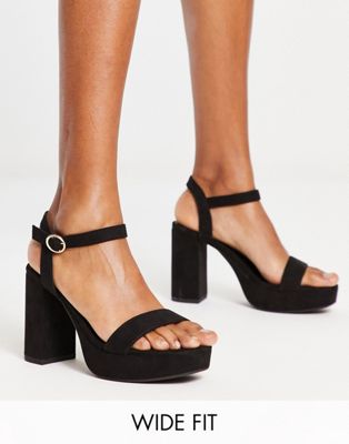 New Look Wide Fit suedette platform heeled sandals in black
