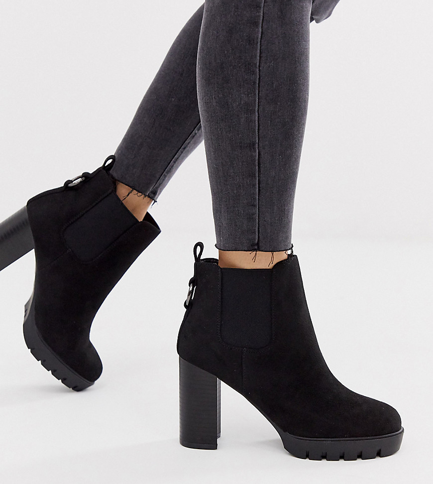 New Look Wide Fit – Svarta grova boots med snörning, klack och platåsula