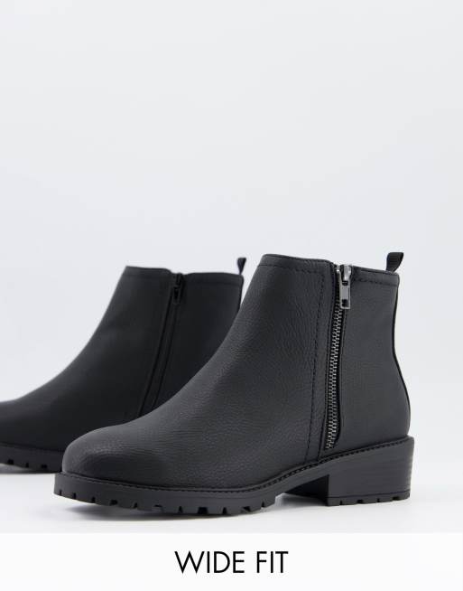 New Look Wide Fit – Svarta, platta grova boots med dragkedja på sidan och bred passform