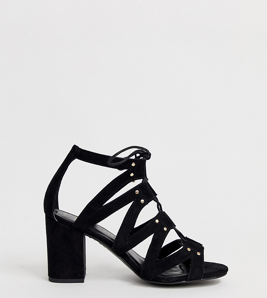 New Look Wide Fit – Svarta sandaler med blockklack och snörning