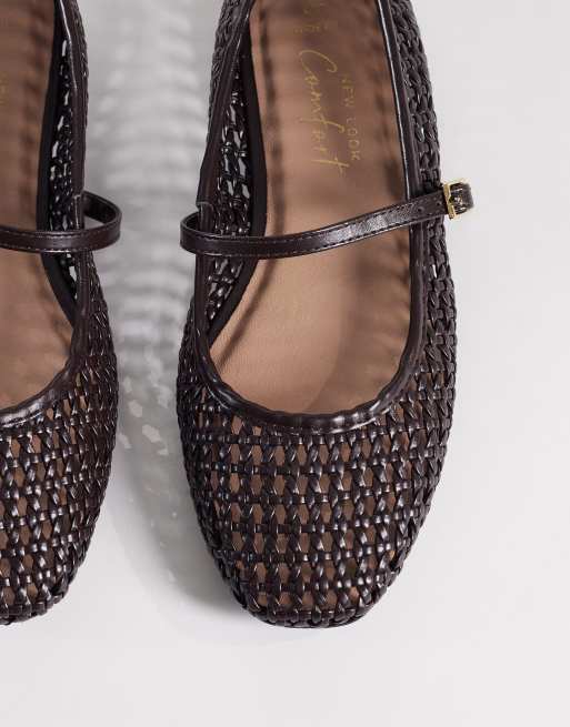 New Look Wide Fit woven Mary Jane flat in brown, 3 of 4