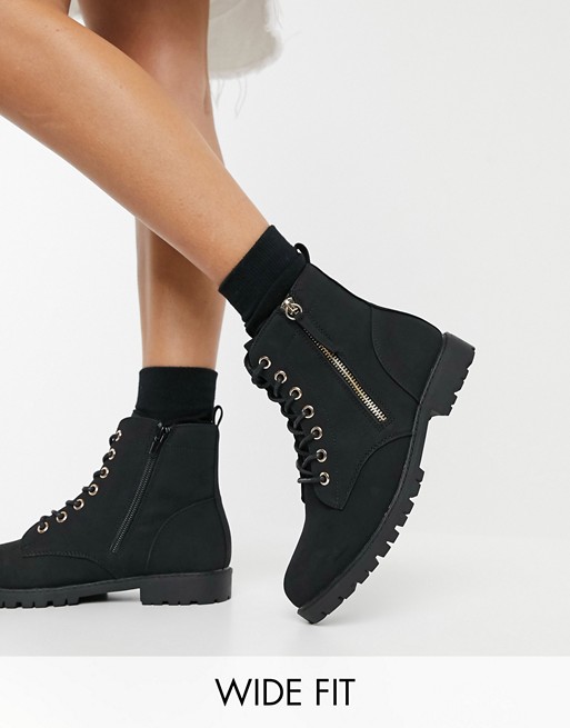 New Look Wide Fit zip detail lace up flat boots in black