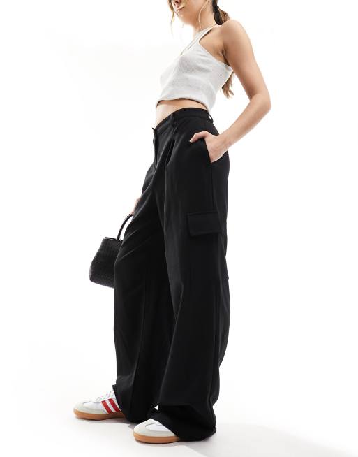 Black wide leg cargo trousers best sale