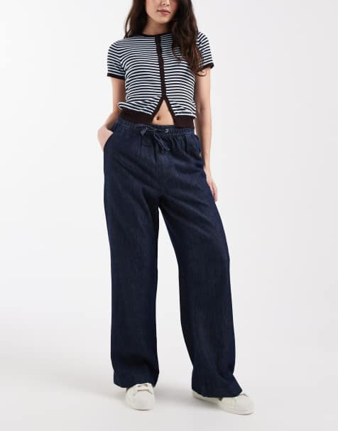 New Look wide leg chambray denim pants in navy - view 1