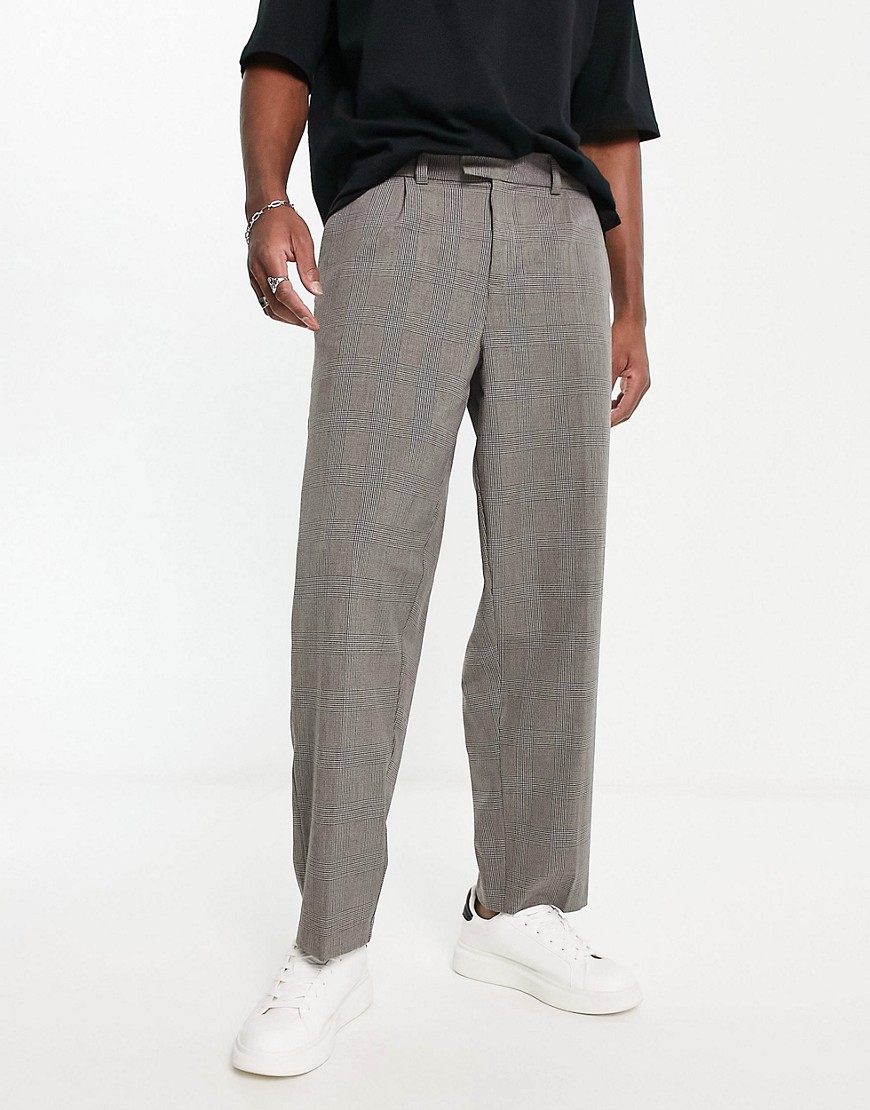 New Look wide leg check trousers in brown