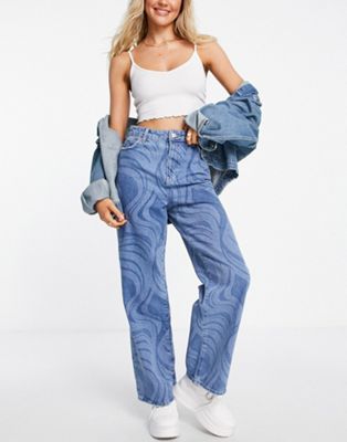 New Look wide leg dad jeans in blue marble print