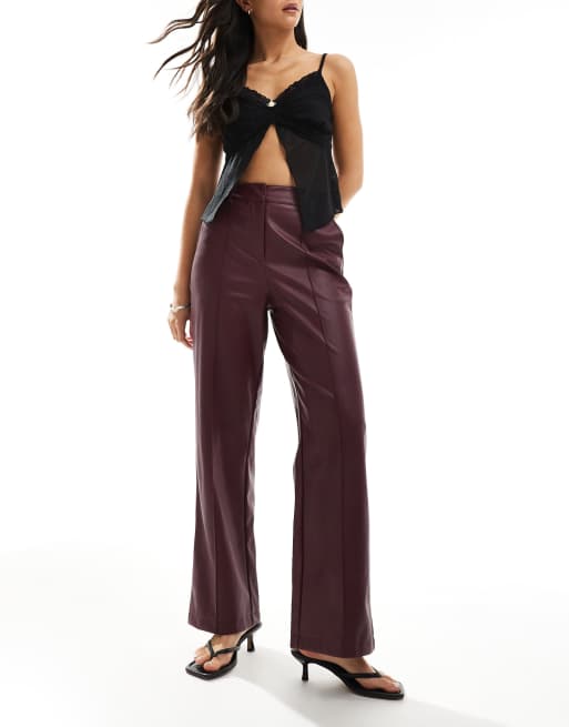 New Look wide leg PU pants in dark burgundy