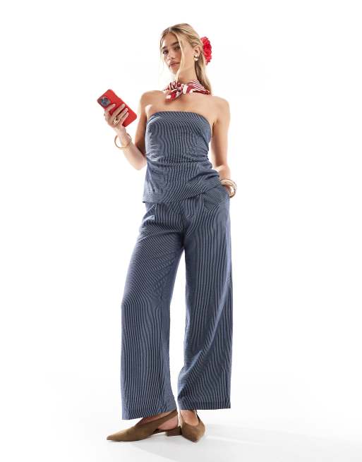 New Look wide leg stripe pants in blue (part of a set)