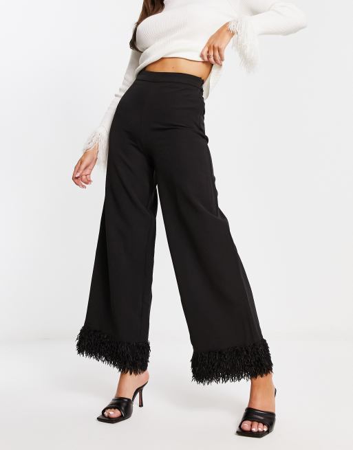 New Look wide leg tailored trousers with fluffy trim in black | ASOS