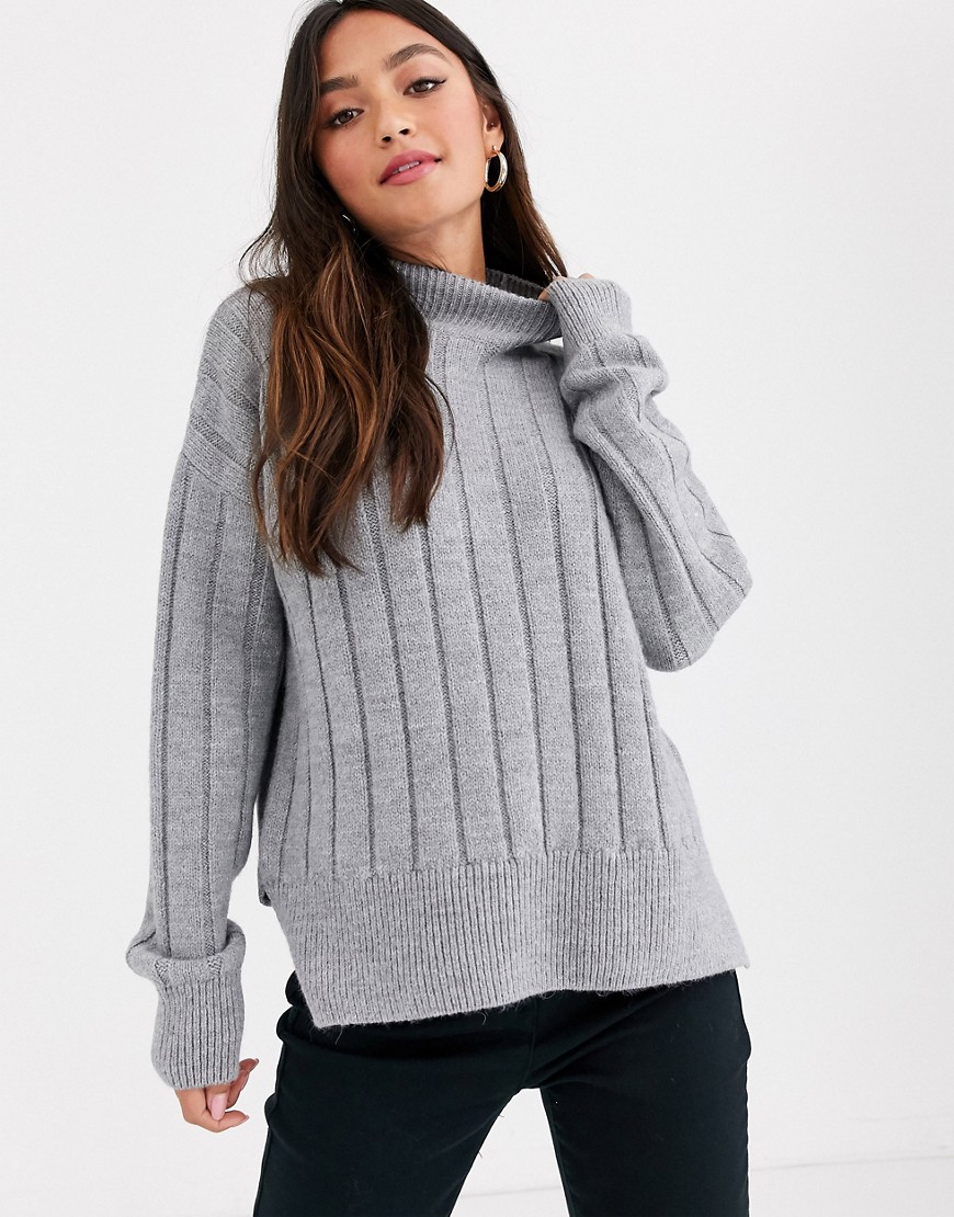 New Look Wide Rib Side Split Sweater In Gray