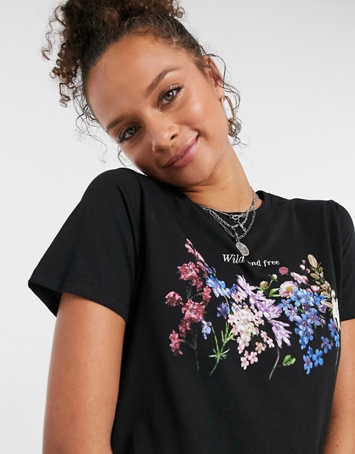 New Look wild and free slogan floral tee in black