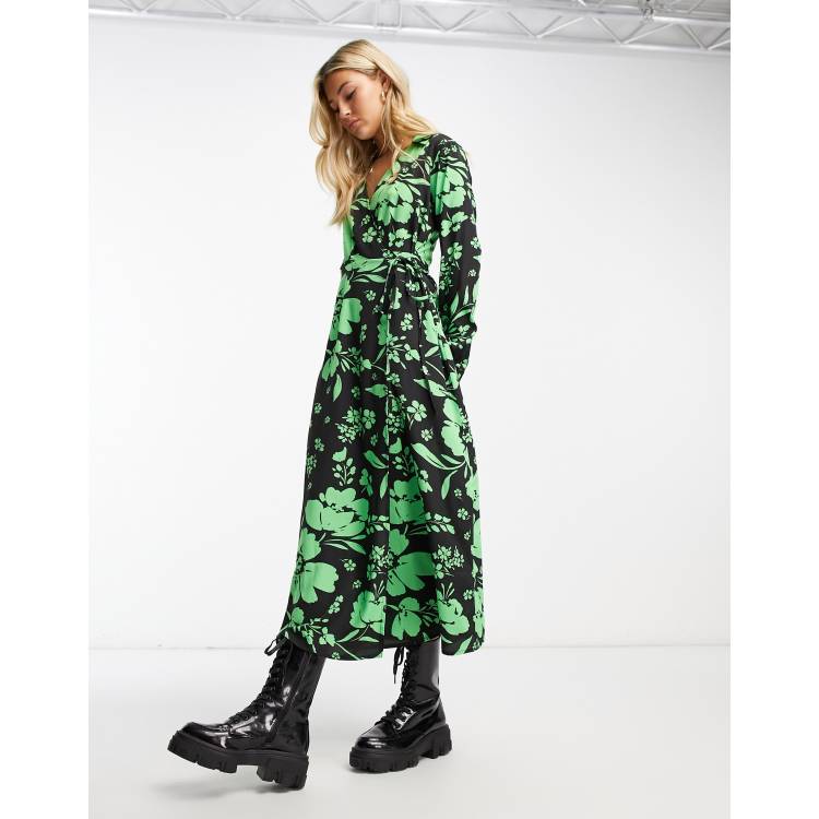 New Look winter floral long sleeve wrap dress in black