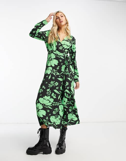 Floral long store sleeve wrap dress