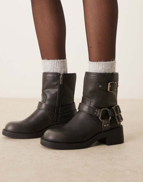 New Look worn biker boot with hardware in washed black - view 1