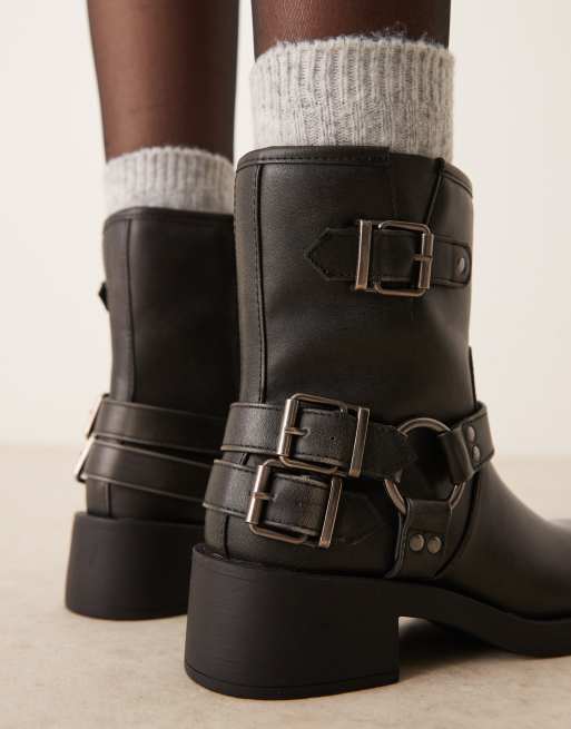 New Look worn biker boots with hardware in washed black, 2 of 4