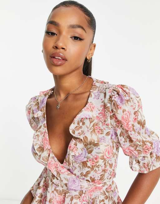 New Look wrap blouse with frill detail in pink floral, 3 of 4