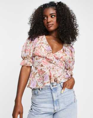 New Look Wrap Blouse With Frill Detail In Pink Floral