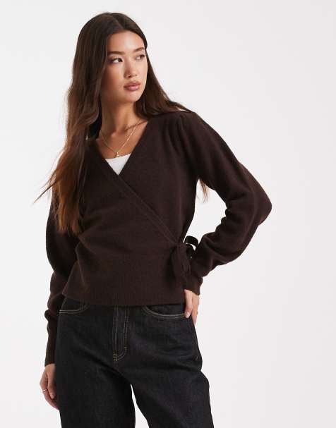New Look wrap jumper in dark chocolate brown - view 1
