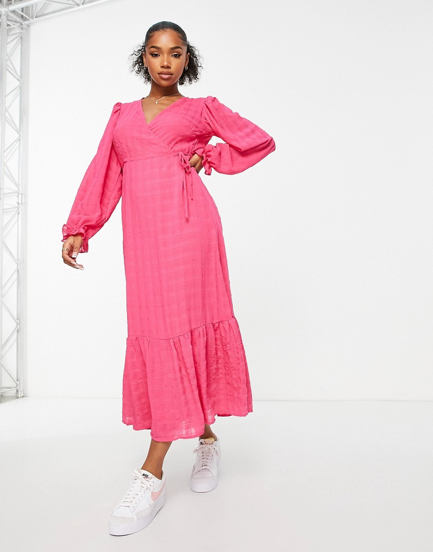 New Look wrap midi dress in pink check