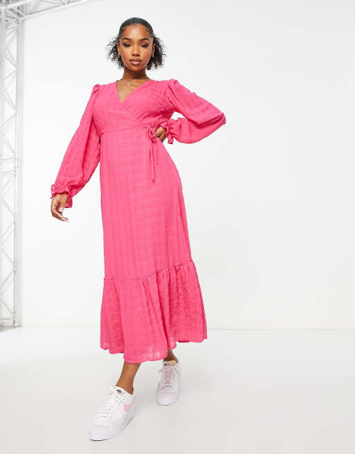 New Look wrap midi dress in pink check | ASOS