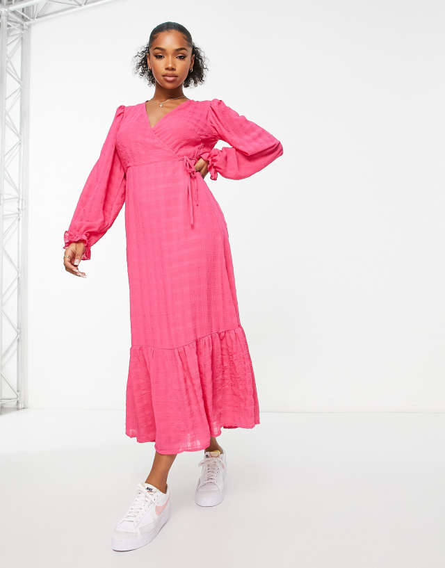 New Look wrap midi dress in pink plaid