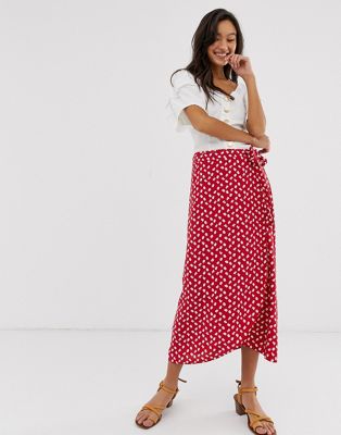 New Look wrap midi skirt in red pattern | ASOS
