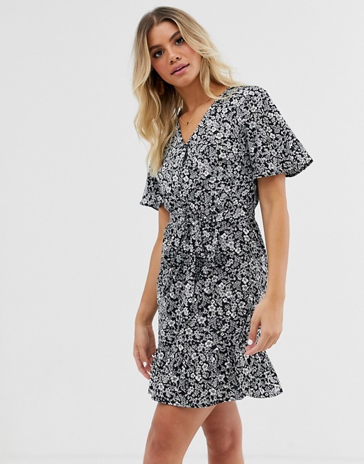 New Look wrap mini dress in black ditsy floral