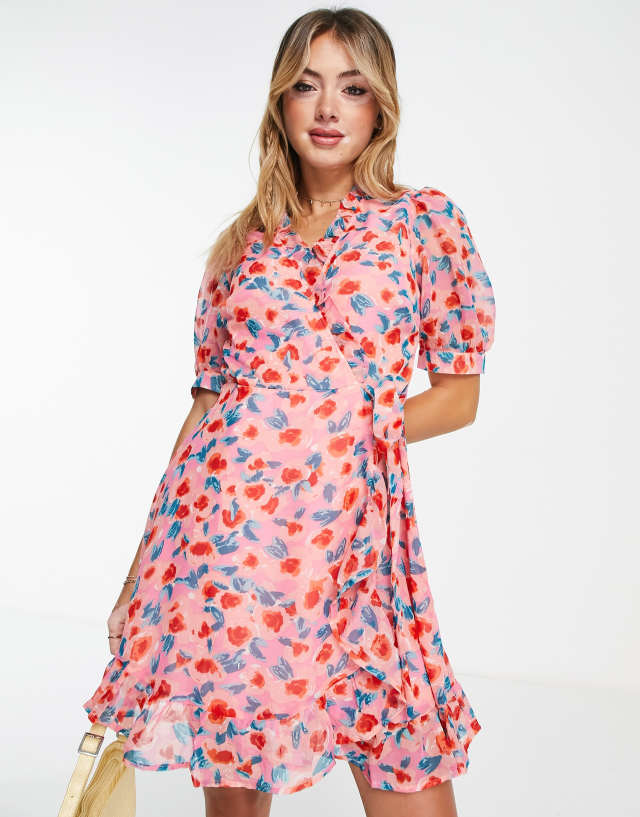 New Look wrap mini dress with puff sleeves in pink floral