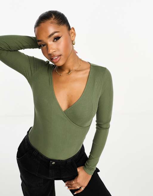 New Look wrap ribbed body in khaki | ASOS