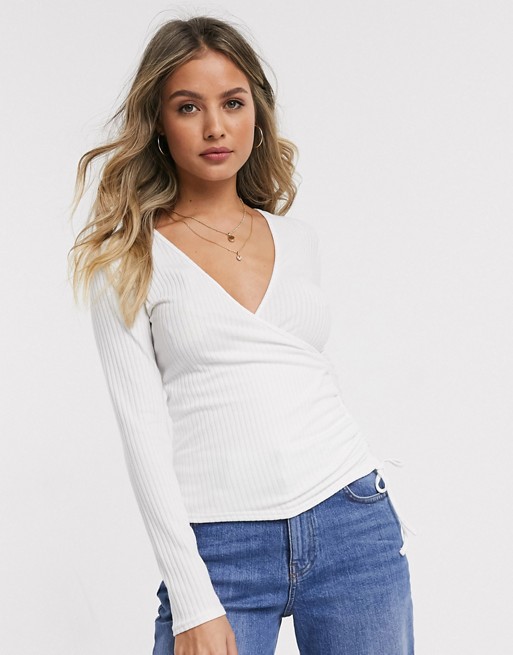 New Look wrap ruched top in off white