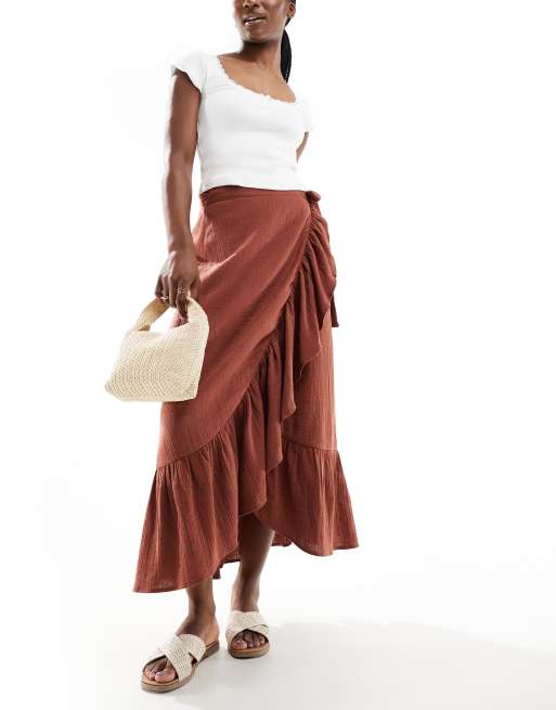 New Look wrap ruffle midi skirt in terracotta