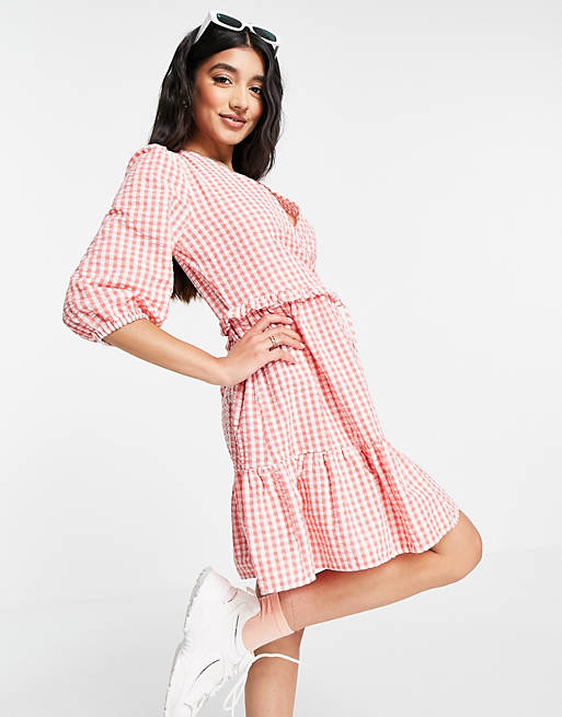 Dresses New Look wrap tie tiered mini dress in pink gingham 