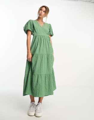 New Look Wrap Tiered Midi Dress In Sage Green | ASOS