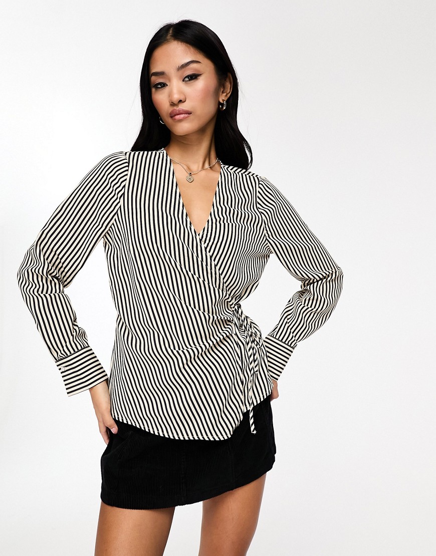 New Look wrap top in black and white stripe