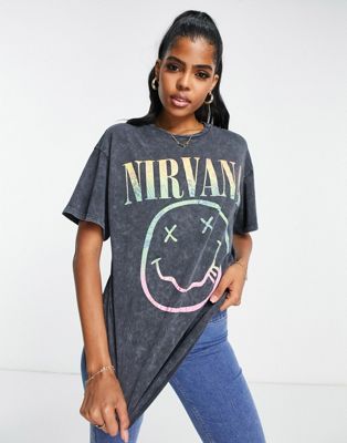 New Look x Nirvana acid wash t-shirt in dark grey