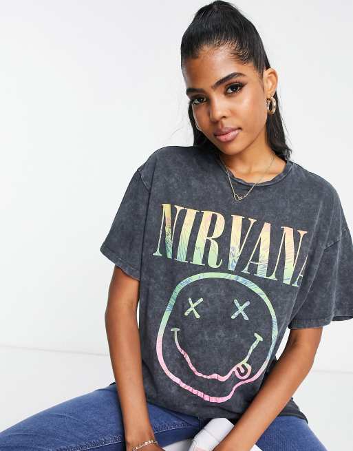 New Look x Nirvana acid wash t shirt in dark grey ASOS