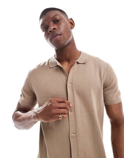 New Look knitted button down short sleeved shirt in tan