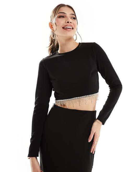 New Look – Zdobiony kryształkami krótki brokatowy top w czarnym kolorze
